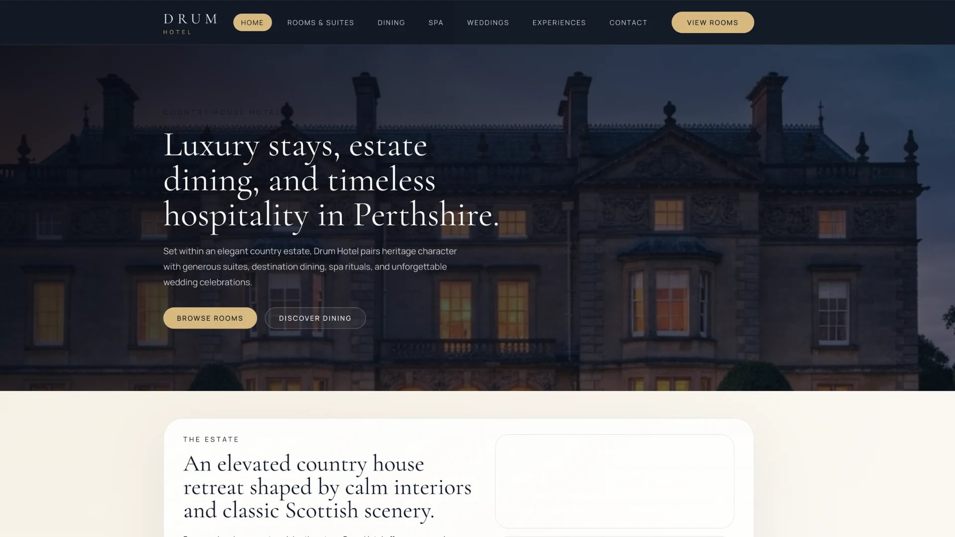 Drum Hotel homepage hero and luxury country house hotel website design