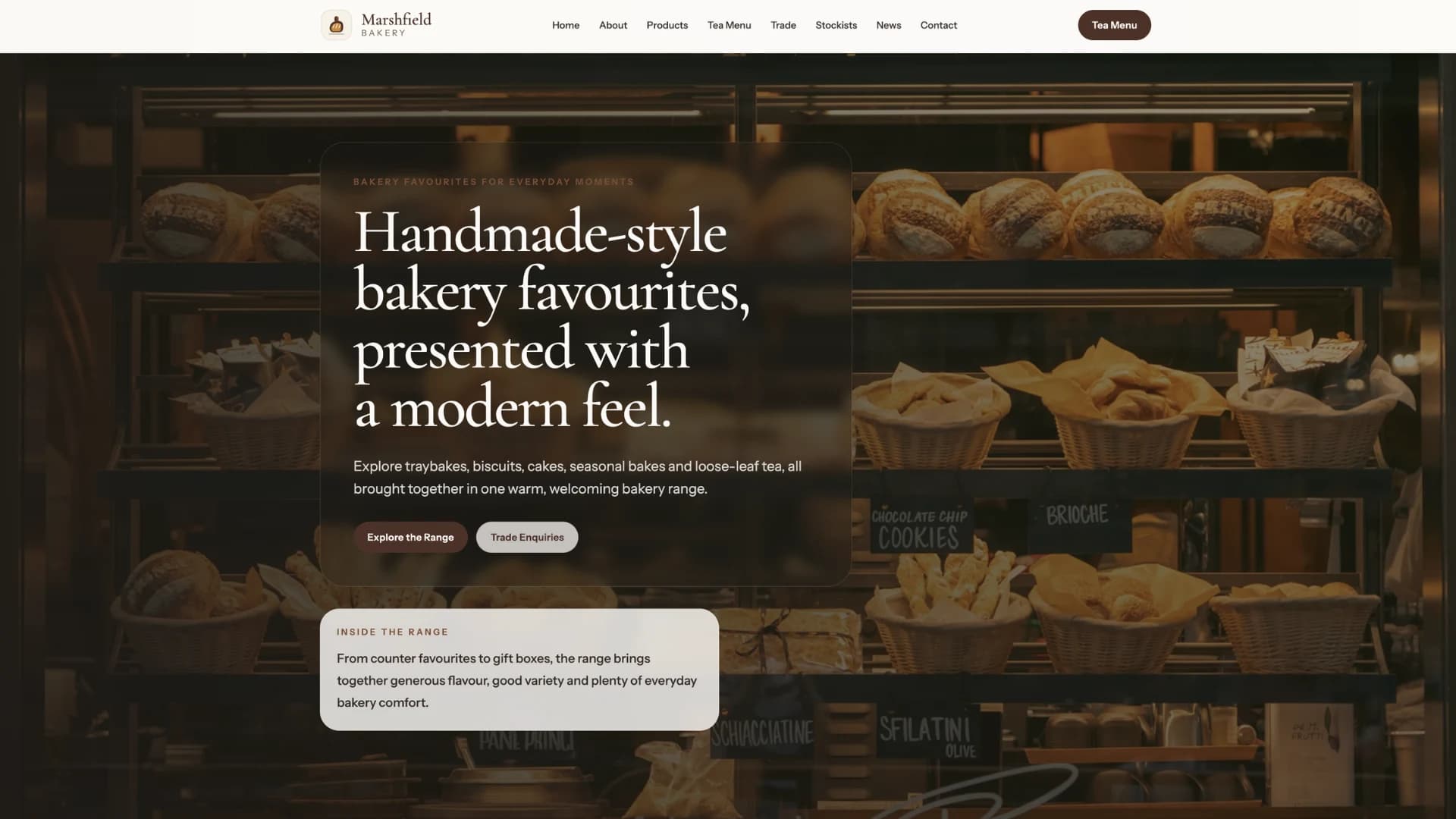 Marshfield Bakery ecommerce homepage and product-led website design