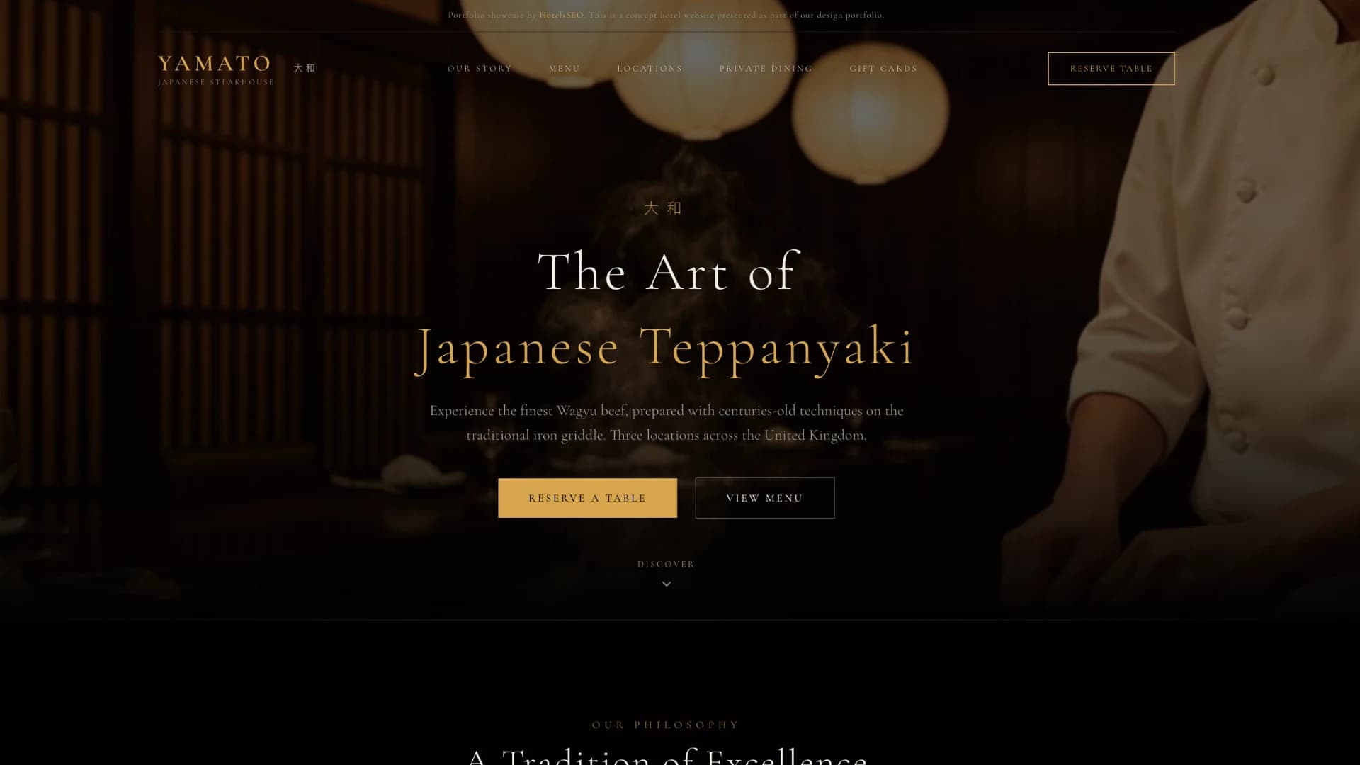 Yamato Restaurants homepage and luxury Japanese steakhouse website design